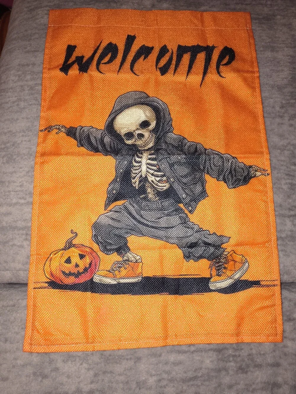 Halloween Welcome Garden Flag - Orange Skeleton Dancing Design